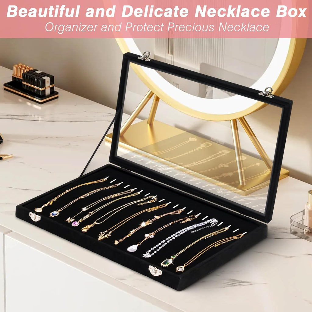 20 Hooks Velvet Jewelry Tray Necklace Organizer Box with Clear Lid C76389