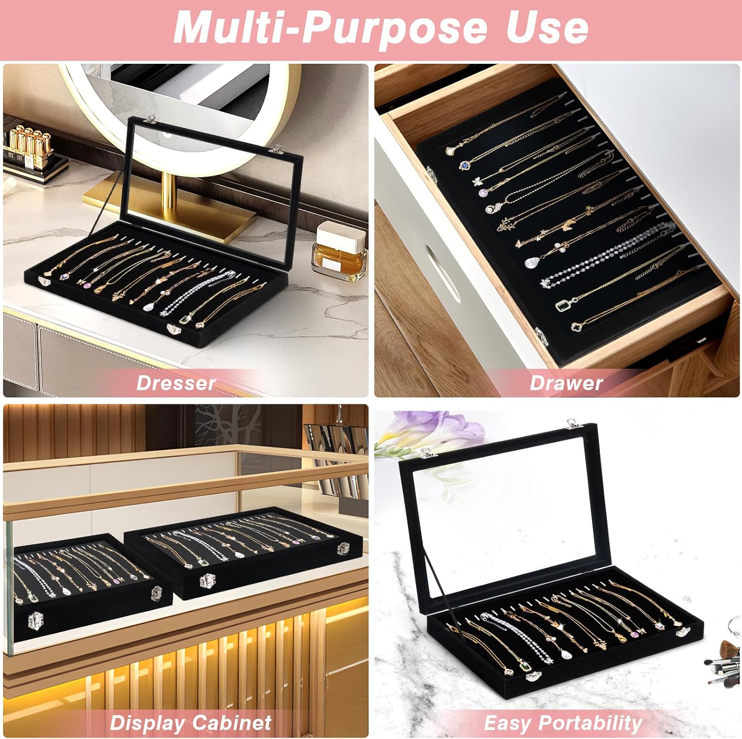 20 Hooks Velvet Jewelry Tray Necklace Organizer Box with Clear Lid C76389
