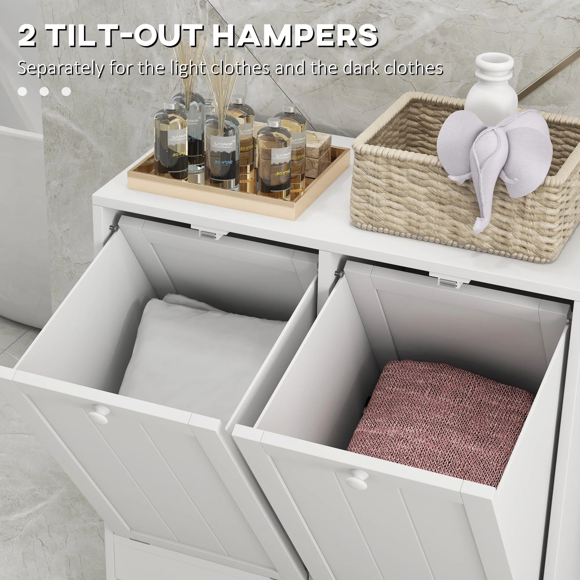 White Tilt-out Laundry Storage Cabinet with 2 Hamper Compartments H6402