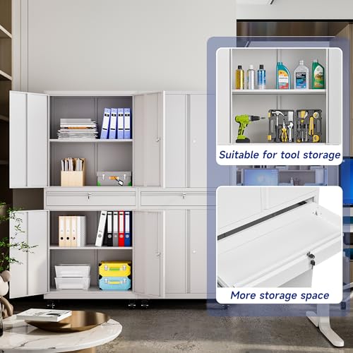 White Metal Storage Cabinet with Wheels and Locking Drawer A56320