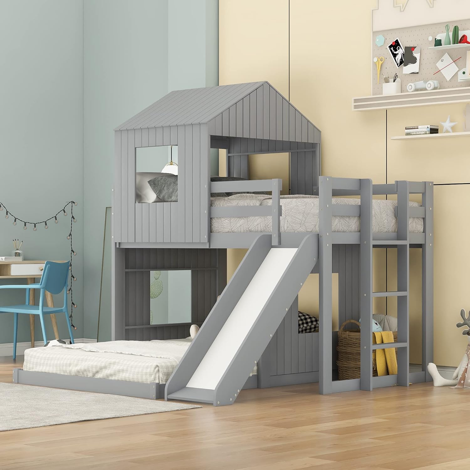 Gray Wood Twin Over Full Bunk Bed with Ladder and Slide J79221