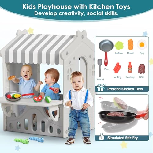 Kids Playhouse with Pretend Play Kitchen Toys Set Beige Gray W4912