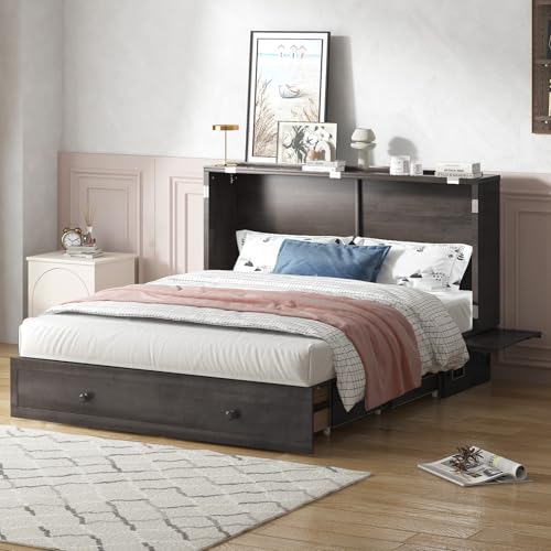 Murphy Bed with USB Charging Station, Memory Foam Queen Size Mattress, Storage Drawer N782