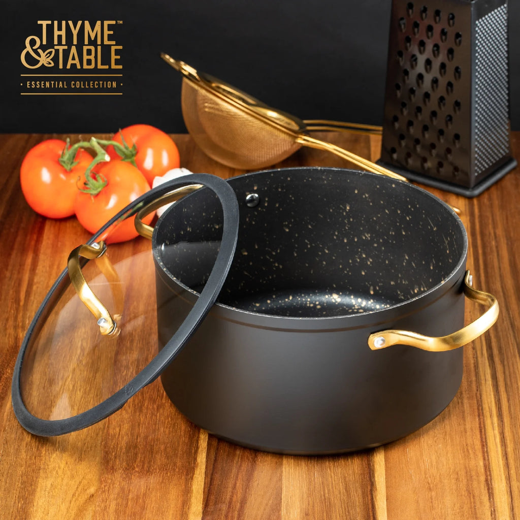 Non-Stick 5 QT Stock Pot with Glass Lid, Black & Gold X981979