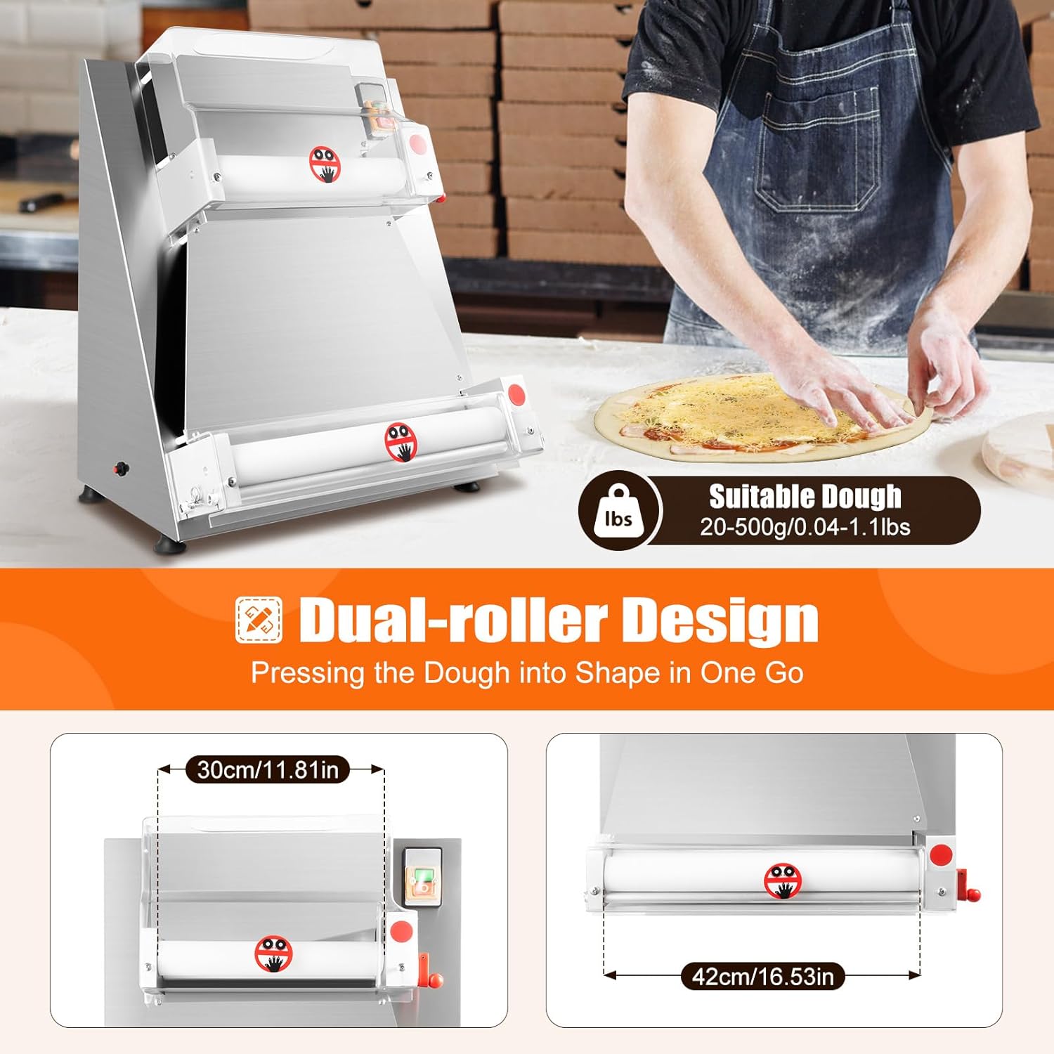 Commercial Electric Pizza Dough Sheeter, 15 Inch, 370W, Thickness 0.7-5.4mm F6593