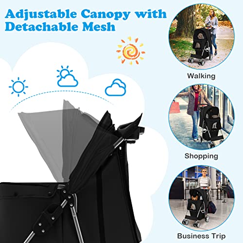 4 Wheels Folding Pet Stroller with Storage Basket and Adjustable Canopy C4318