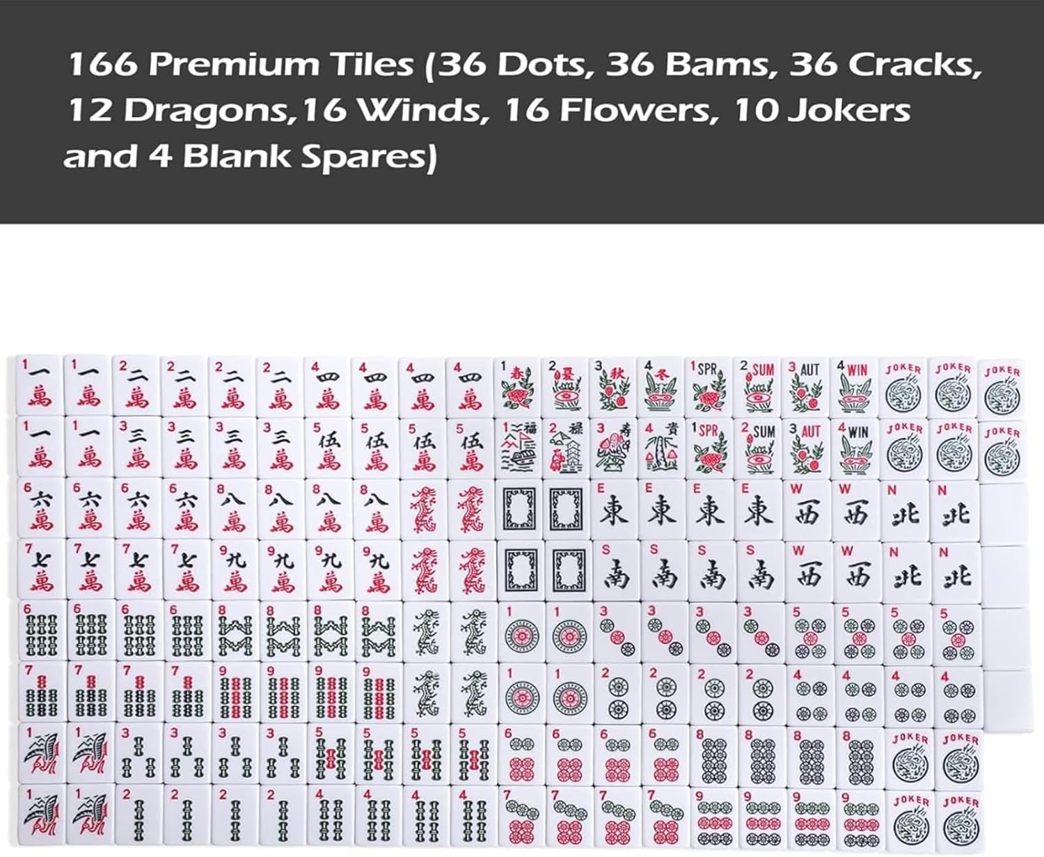 166 White Tiles Mahjong Game Set with 4 Color Rack Pushers, Black Carrying Bag, Mat with 3 Dice G5683