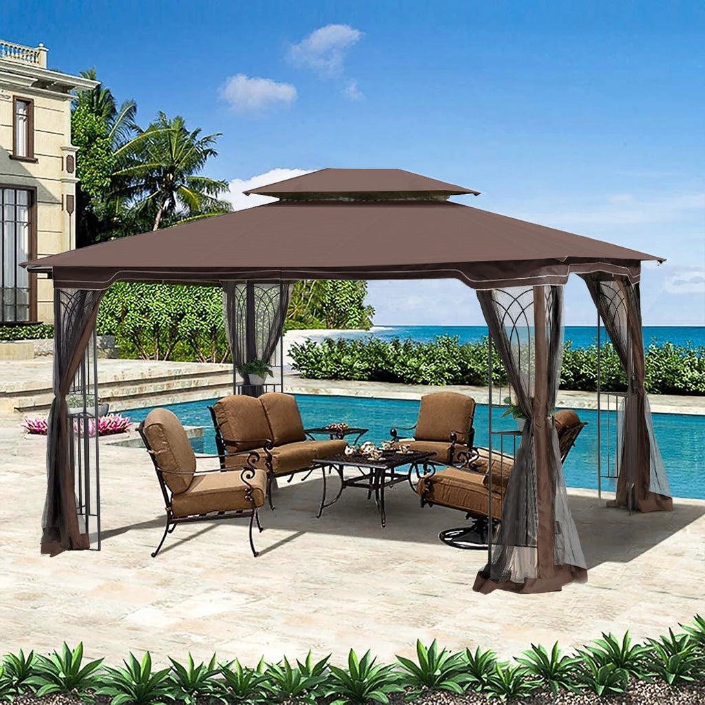 Brown Outdoor Patio Gazebo Canopy Tent With Mosquito Net L61025