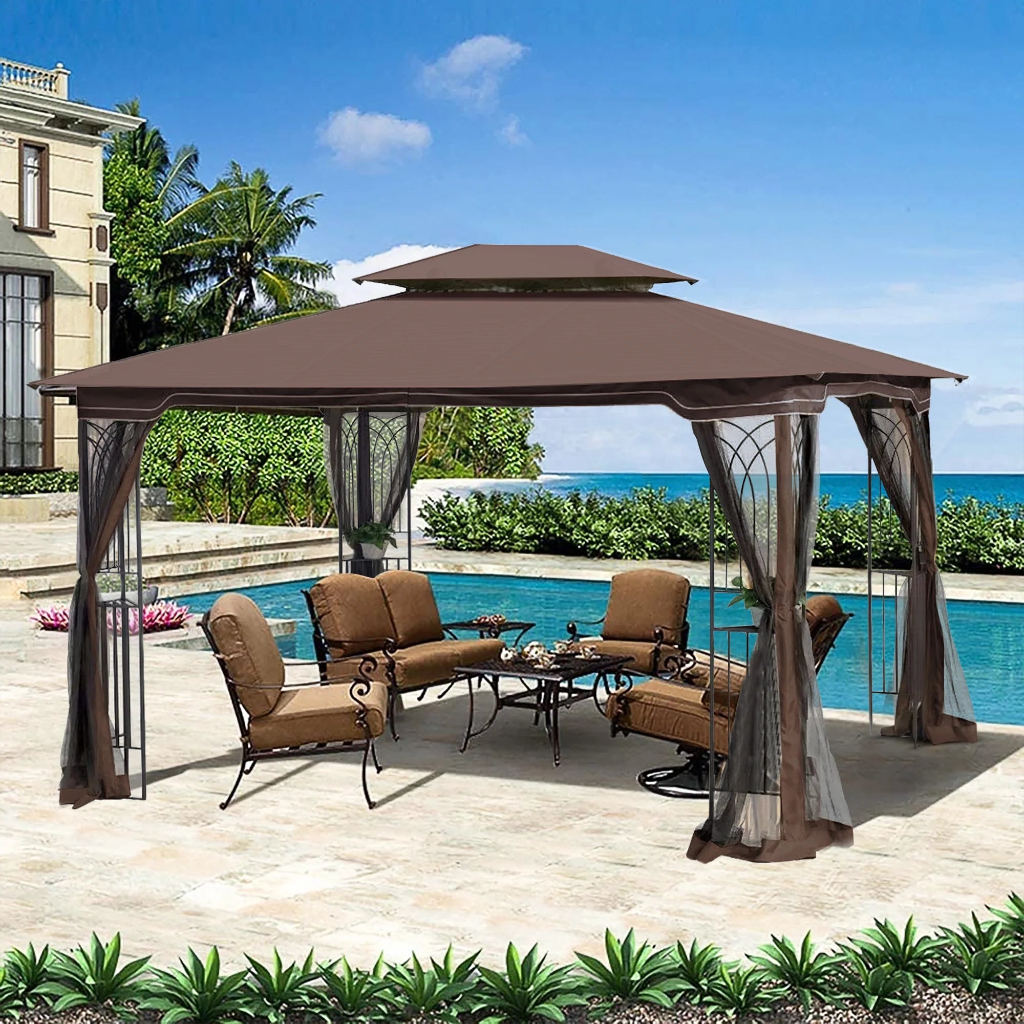Brown Outdoor Patio Gazebo Canopy Tent With Mosquito Net L61025
