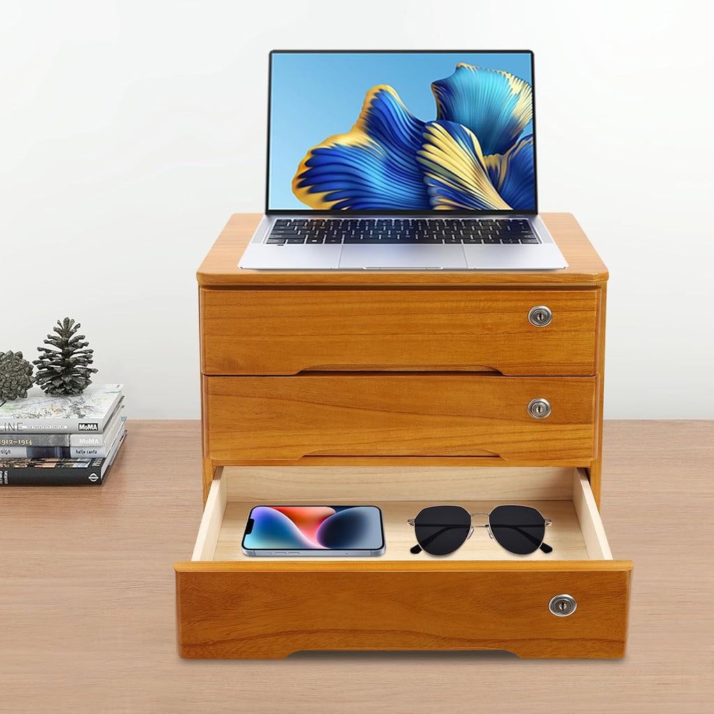 3-Tiers Wooden Desktop Storage Box with Lockable Drawers C679885