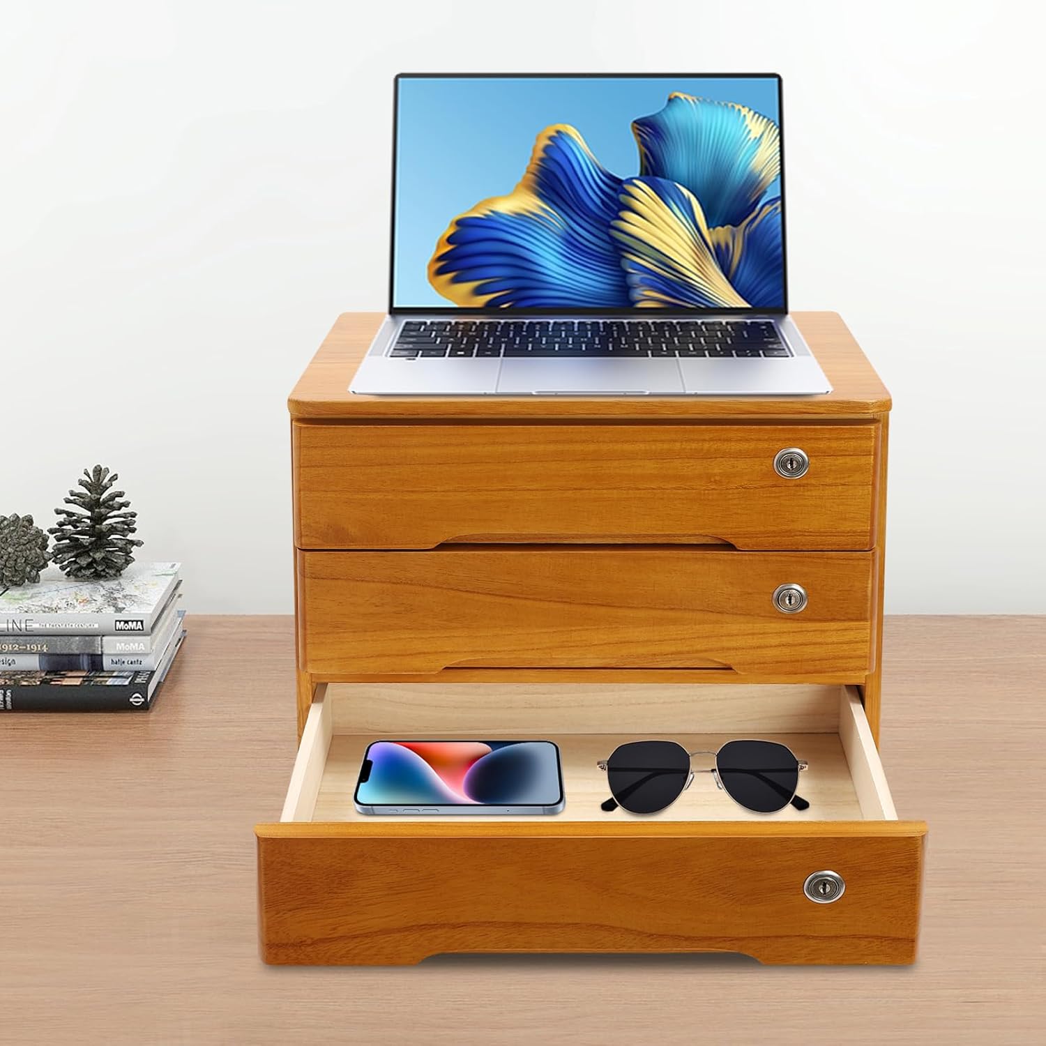 3-Tiers Wooden Desktop Storage Box with Lockable Drawers C679885