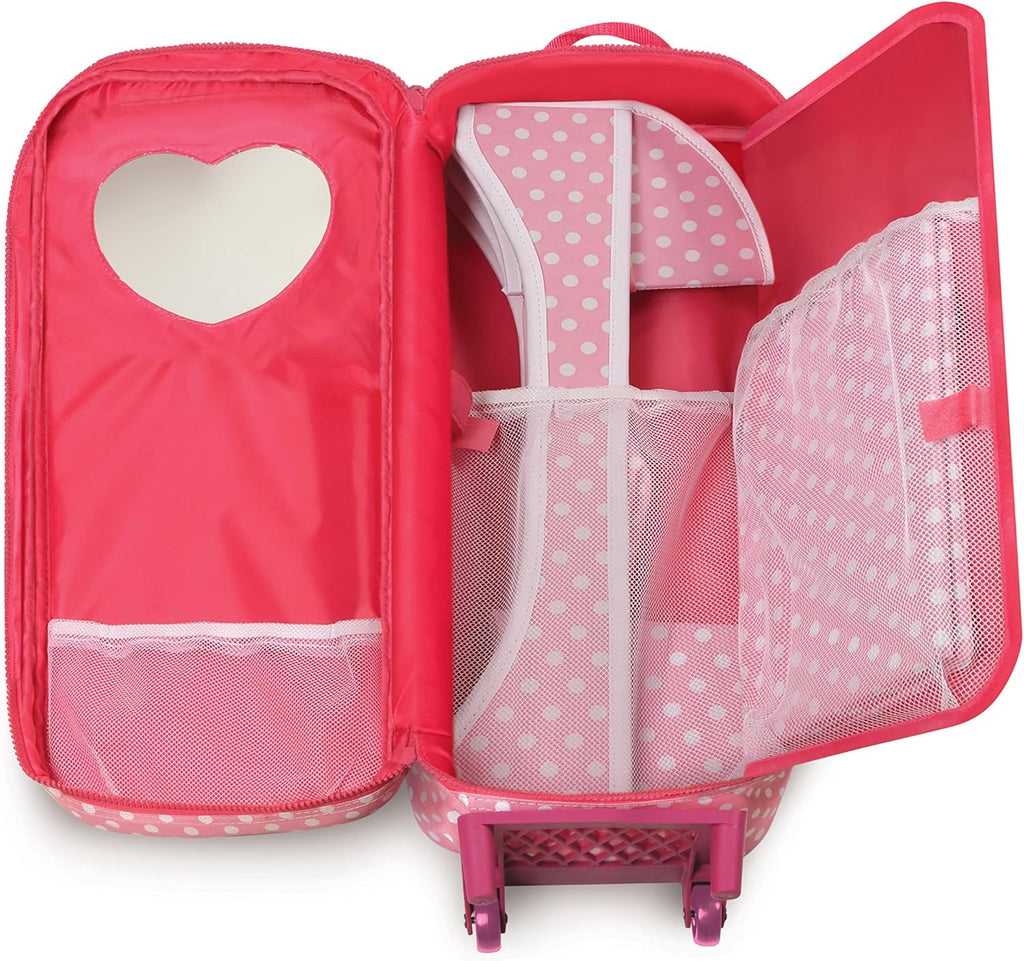 Pink Polka Dot Doll Trolley Travel Carrier with Rocking Bed and Bedding U38645