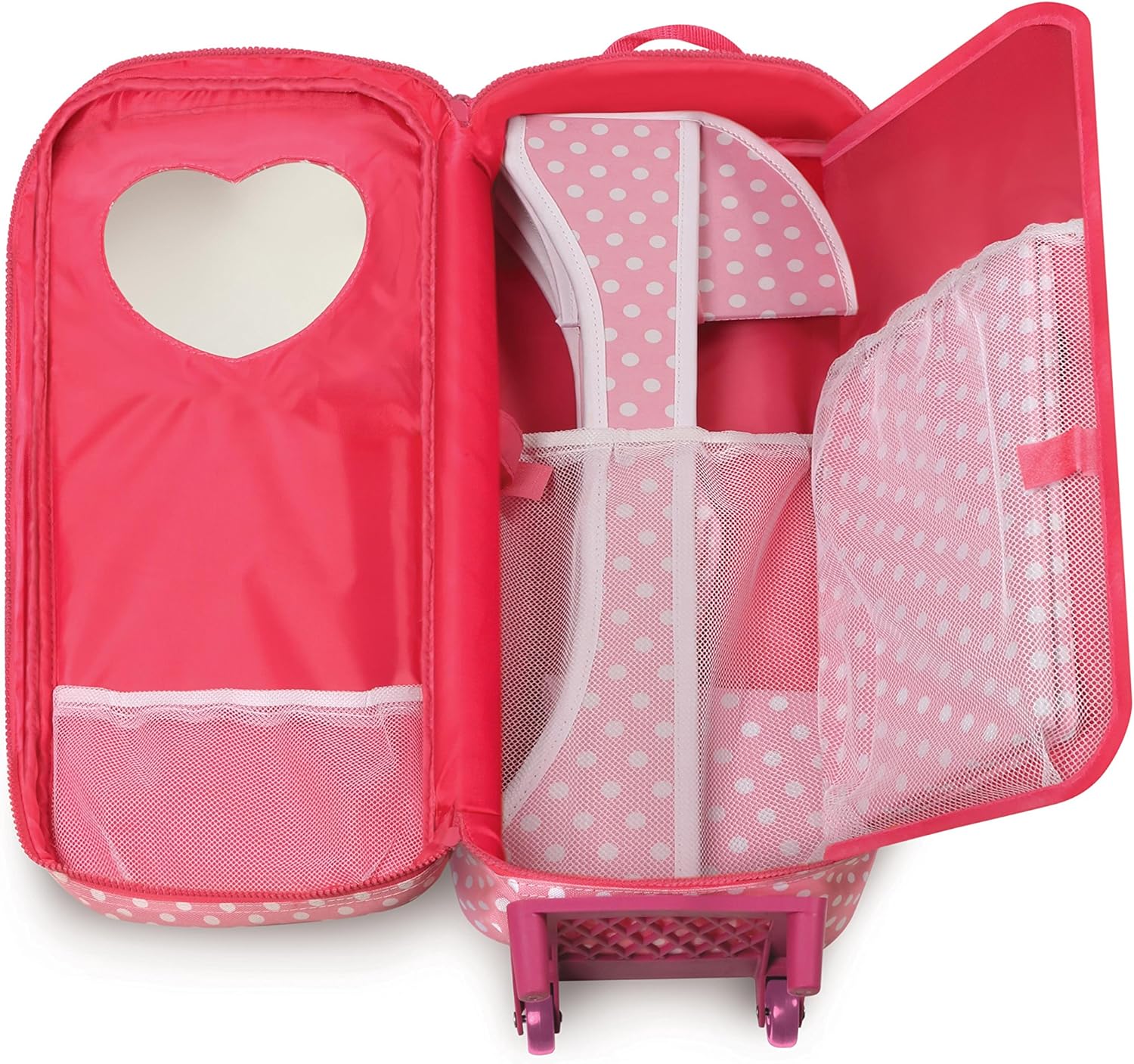 Pink Polka Dot Doll Trolley Travel Carrier with Rocking Bed and Bedding U38645