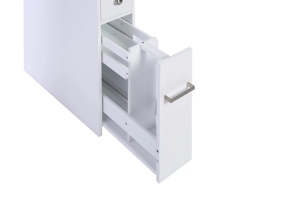 White Slim Bathroom Storage Cabinet with Toilet Paper Holder and Slide Out Drawer P834