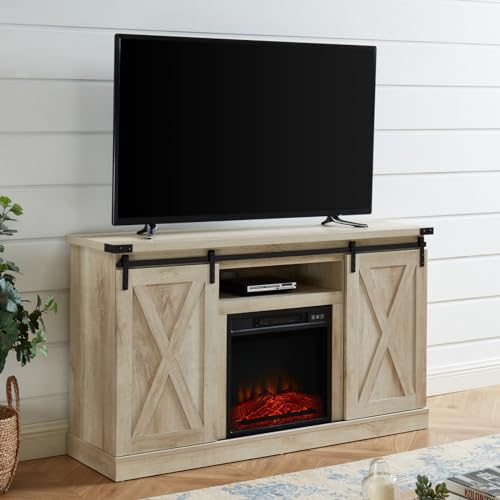 White Oak Electric Fireplace TV Stand with Sliding Barn Door, 54"x15.5"x31" E219