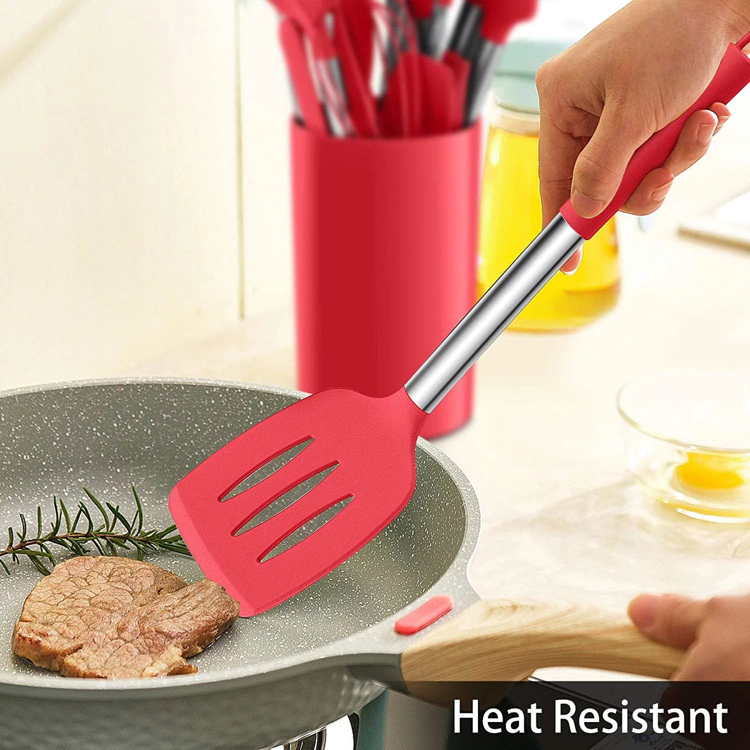 15 Pcs Silicone Non-stick Cooking Utensil Set with Stainless Steel Handle T299955