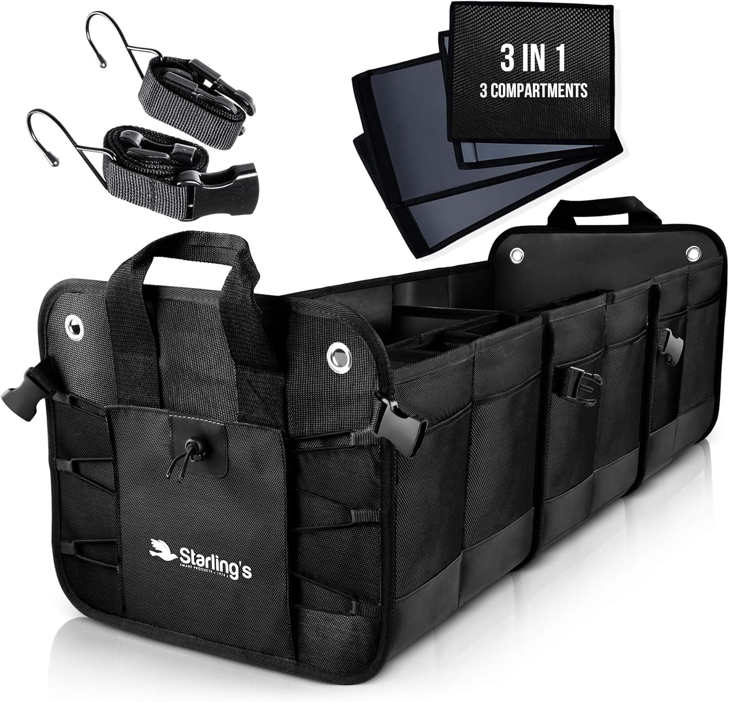 Black 3 Compartments Car Trunk Organizer H196070