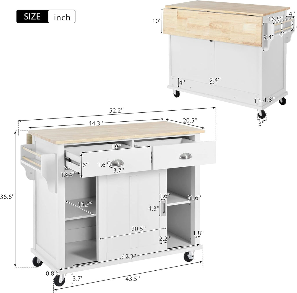 Mobile Kitchen Island Cart with Spice Rack and Towel Rack, Rolling Kitchen Island with Drop Leaf, 2 Drawers and Sliding Barn Doors Y8263