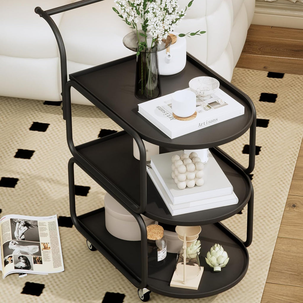 Matte Black 3-Tier Rolling Metal Bar Cart with Lockable Wheels R64576