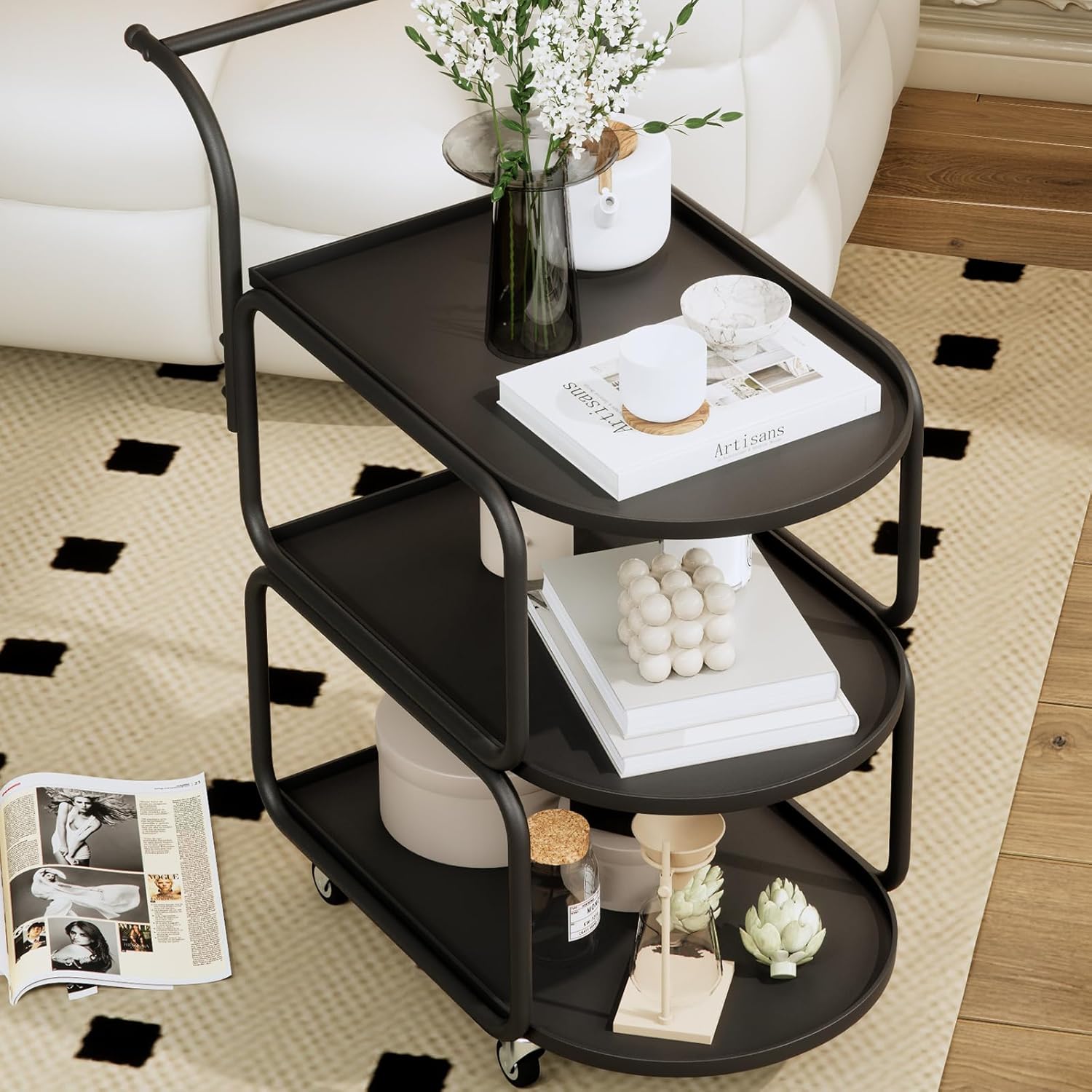Matte Black 3-Tier Rolling Metal Bar Cart with Lockable Wheels R64576