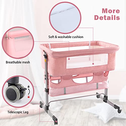 Pink Baby Bassinet Bedside Sleeper with Storage Basket A52626