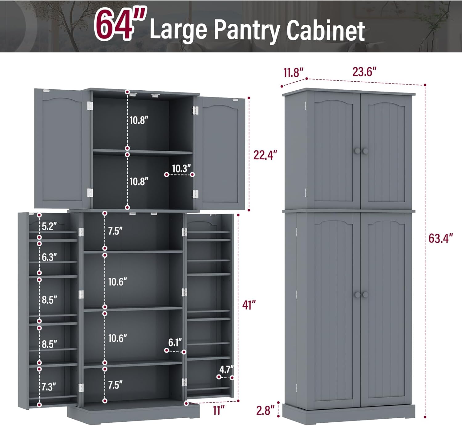Gray Tall Freestanding Kitchen Pantry Cabinet with Doors and Shelves C345168