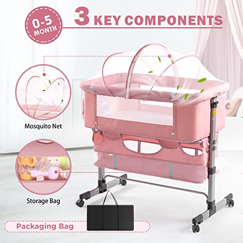 Pink Baby Bassinet Bedside Sleeper with Storage Basket A52626