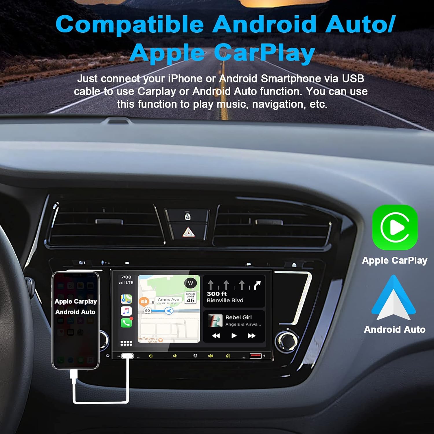7 Inch Double Din Car Stereo with Touchscreen Bluetooth Q4670