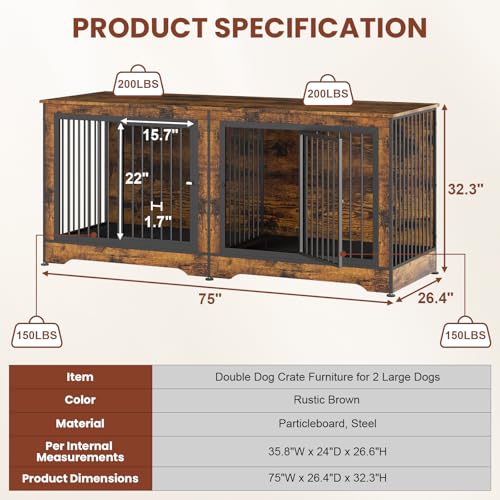 75 Inch Double Dog Crate Furniture Rustic Brown with Trays and Divider A2215