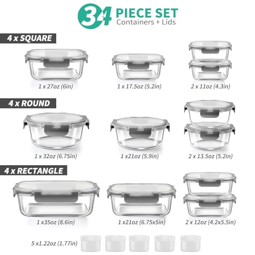 34pcs Glass Food Storage Containers with Lids Set, Airtight, Leak Proof, BPA-Free, Black H8623