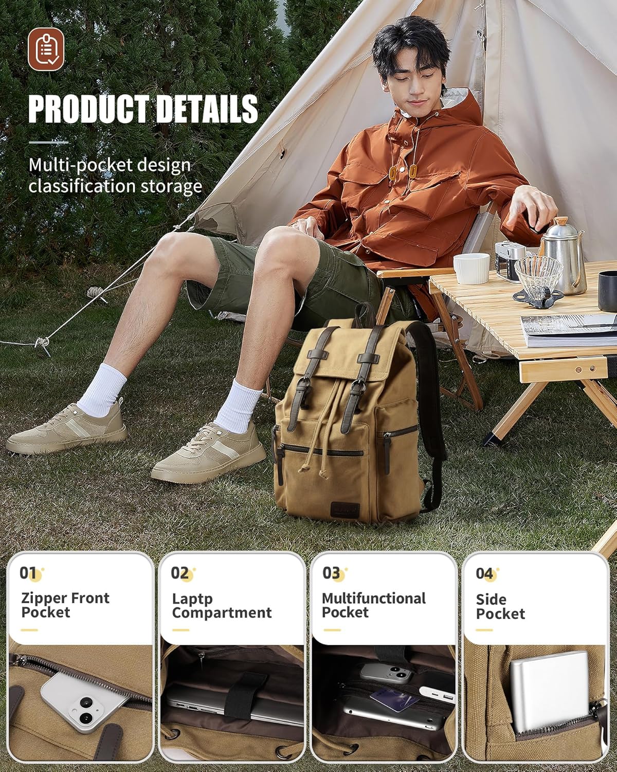 Canvas Vintage Casual Daypack Backpack, Water Resistant Lightweight 14 Inch Laptop Rucksack Hiking Bag, Khaki E52456