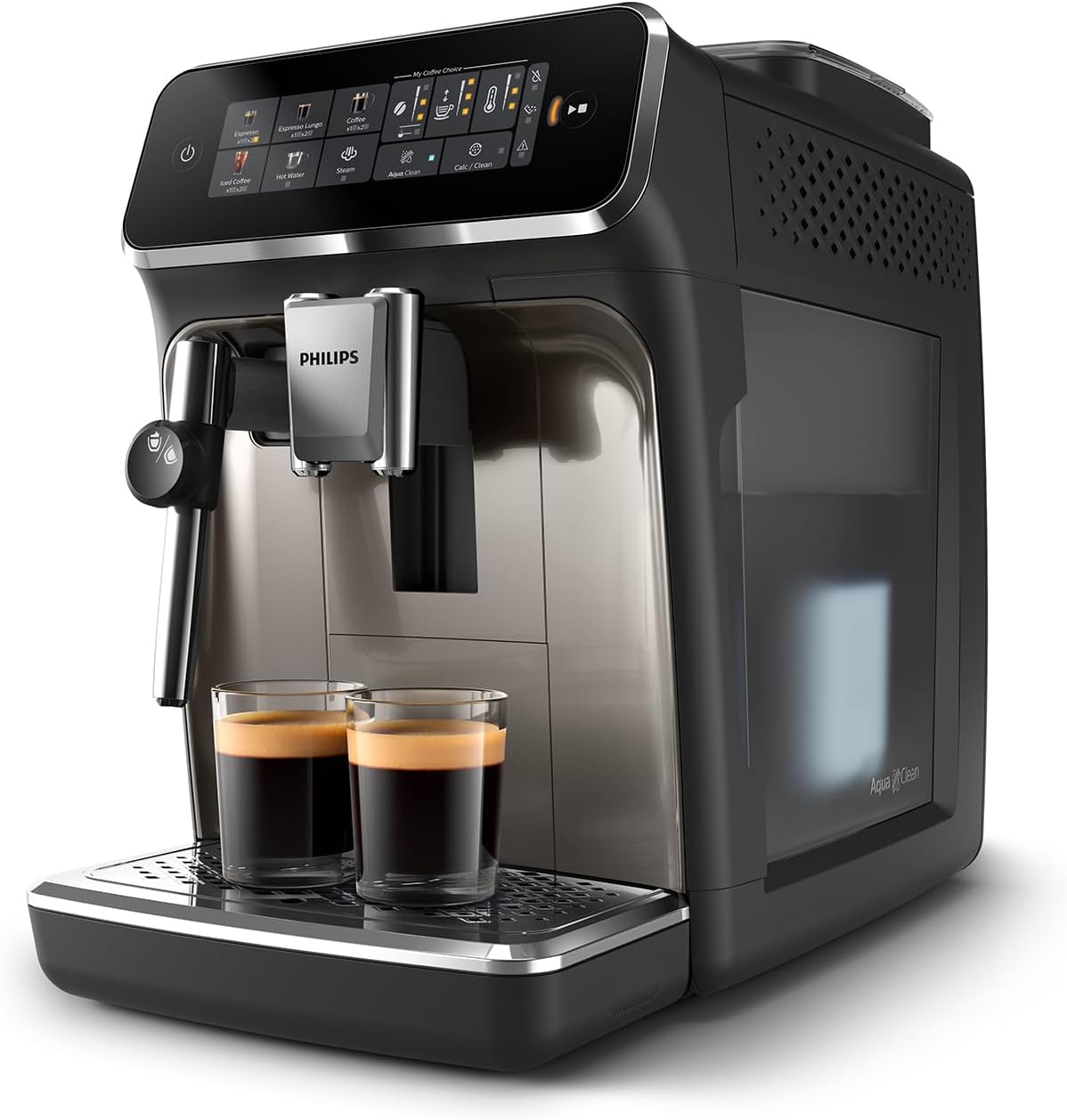 Fully Automatic Espresso Machine with Touch Display, Milk Frother, Ceramic Grinder, AquaClean Filter, Black Chrome A985