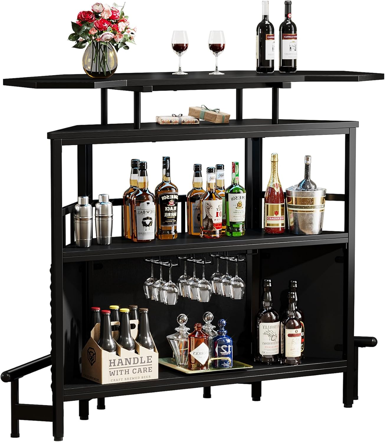 Black 4 Tier Bar Cabinet with Stemware Rack A401