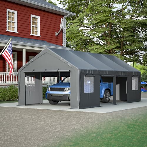 Carport 20x12ft Portable Garage with Roll-up Ventilated Windows & Removable Sidewalls P866