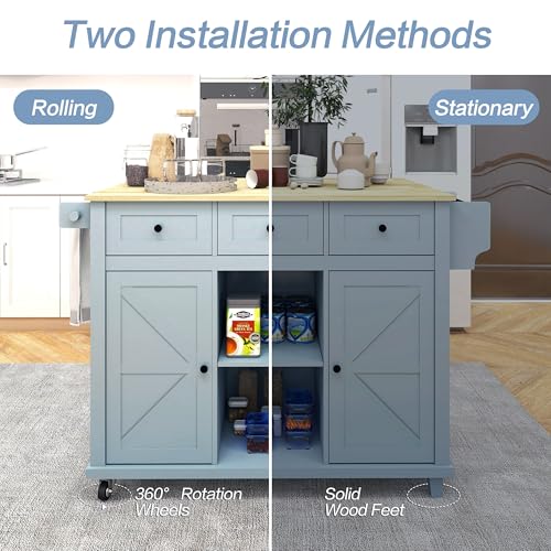 Grey Blue Rolling Kitchen Island with Storage Cabinet and 3 Drawers L4512
