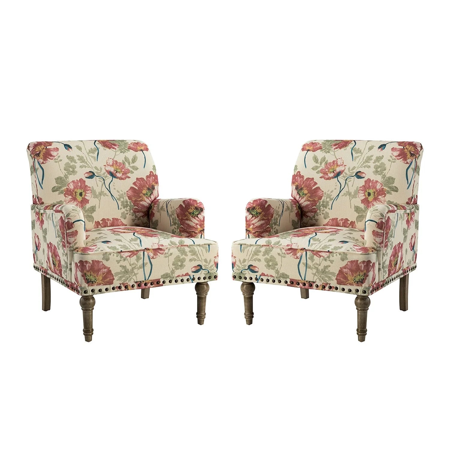 Set of 2 Floral Fabric Upholstered Accent Armchair with Nailhead Trim X751967