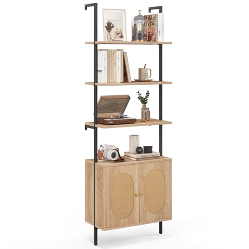 6-Tier Ladder Bookshelf with Cabinet, 71" Tall Wall Mount Shelf Bookcase with Metal Frame & Rattan Cabinet Bottom S776