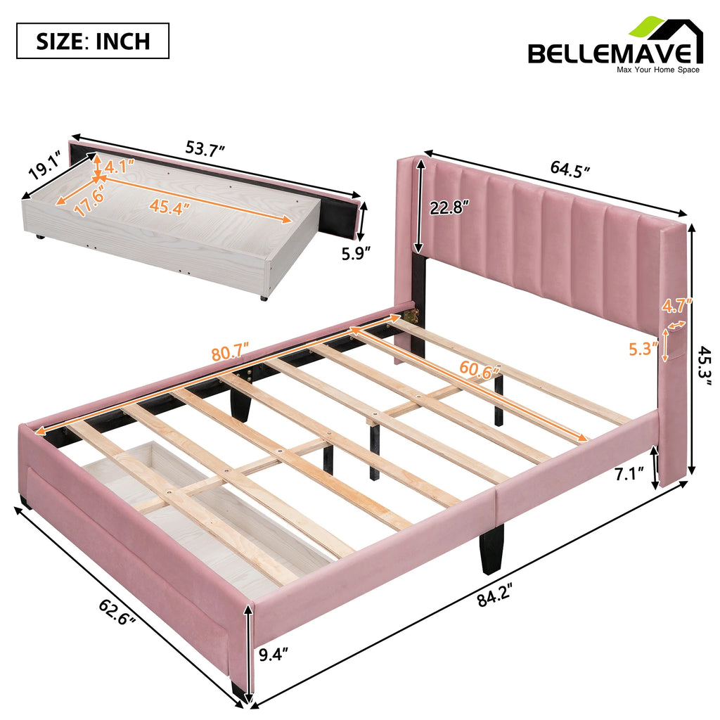 Queen Size Pink Velvet Upholstered Wood Platform Bed with Drawer I3436