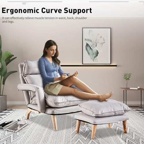 Gray Linen Accent Chair with Ottoman P855731