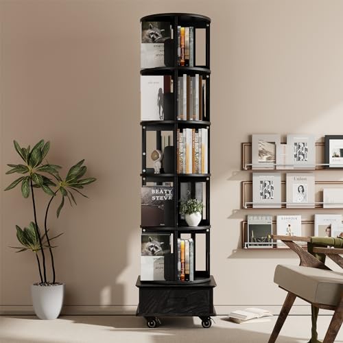 Black 5-Tier Rotating Book Shelf with Drawer V94623