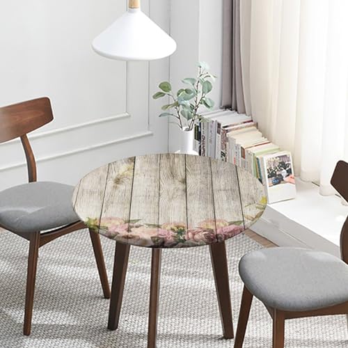 Fitted Round Tablecloth, Vintage Wood Grain Elastic Edge Polyester, 32" H908