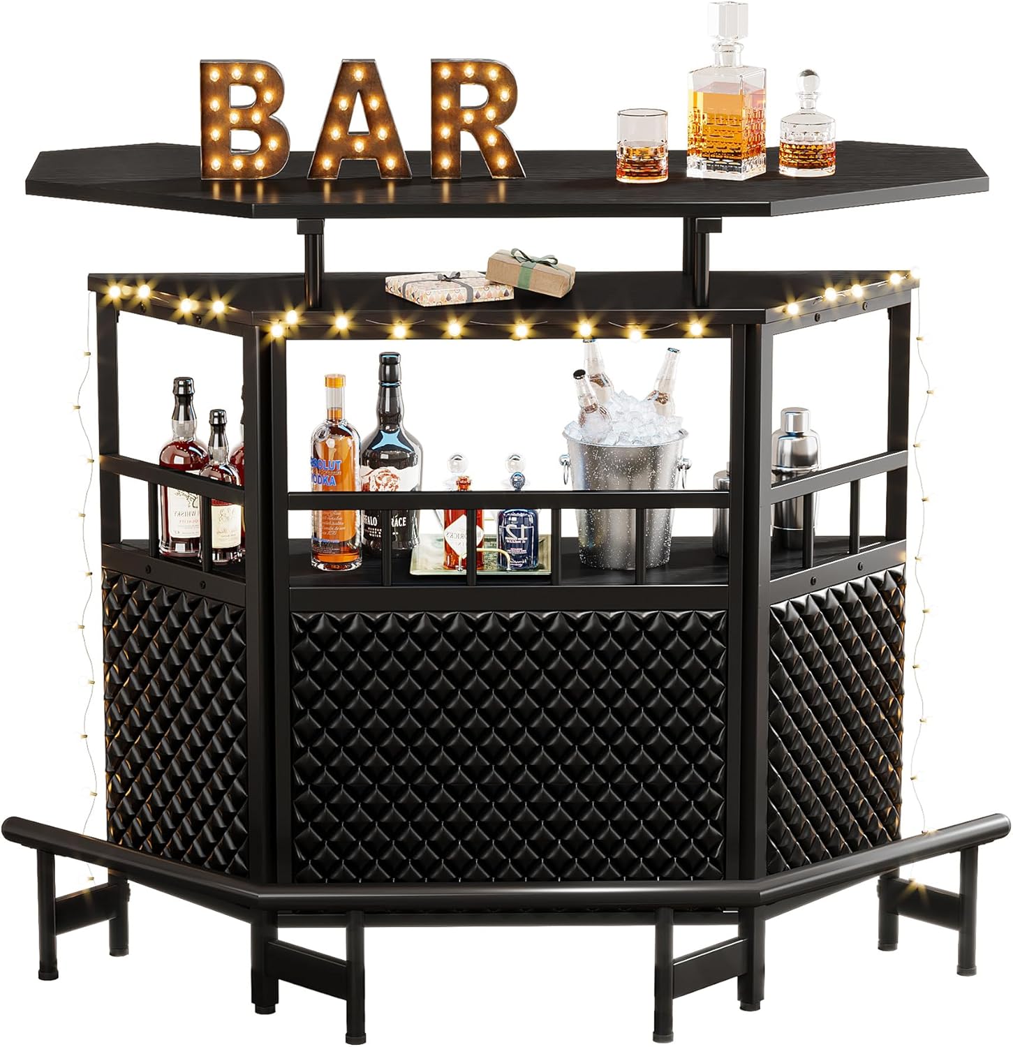 Black 4 Tier Bar Cabinet with Stemware Rack A401
