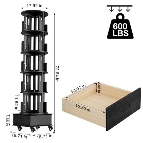 Black 5-Tier Rotating Book Shelf with Drawer V94623