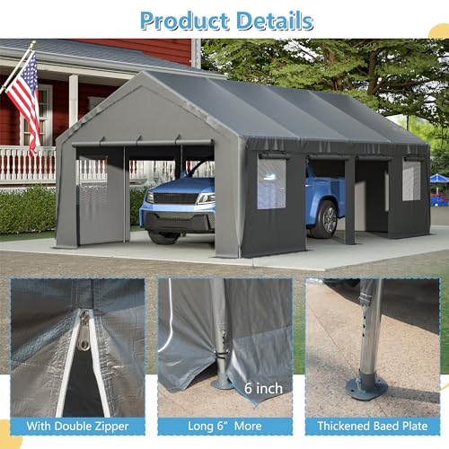 Carport 20x12ft Portable Garage with Roll-up Ventilated Windows & Removable Sidewalls P866