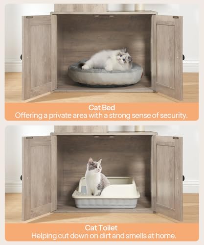 Greige 67.7" H Wooden Cat Tree with Litter Box Enclosure N9284