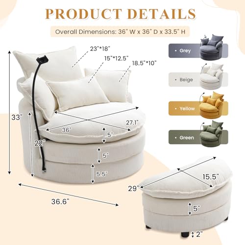 Beige Corduroy Oversized Swivel Accent Sofa Chair with Storage Ottoman K635103