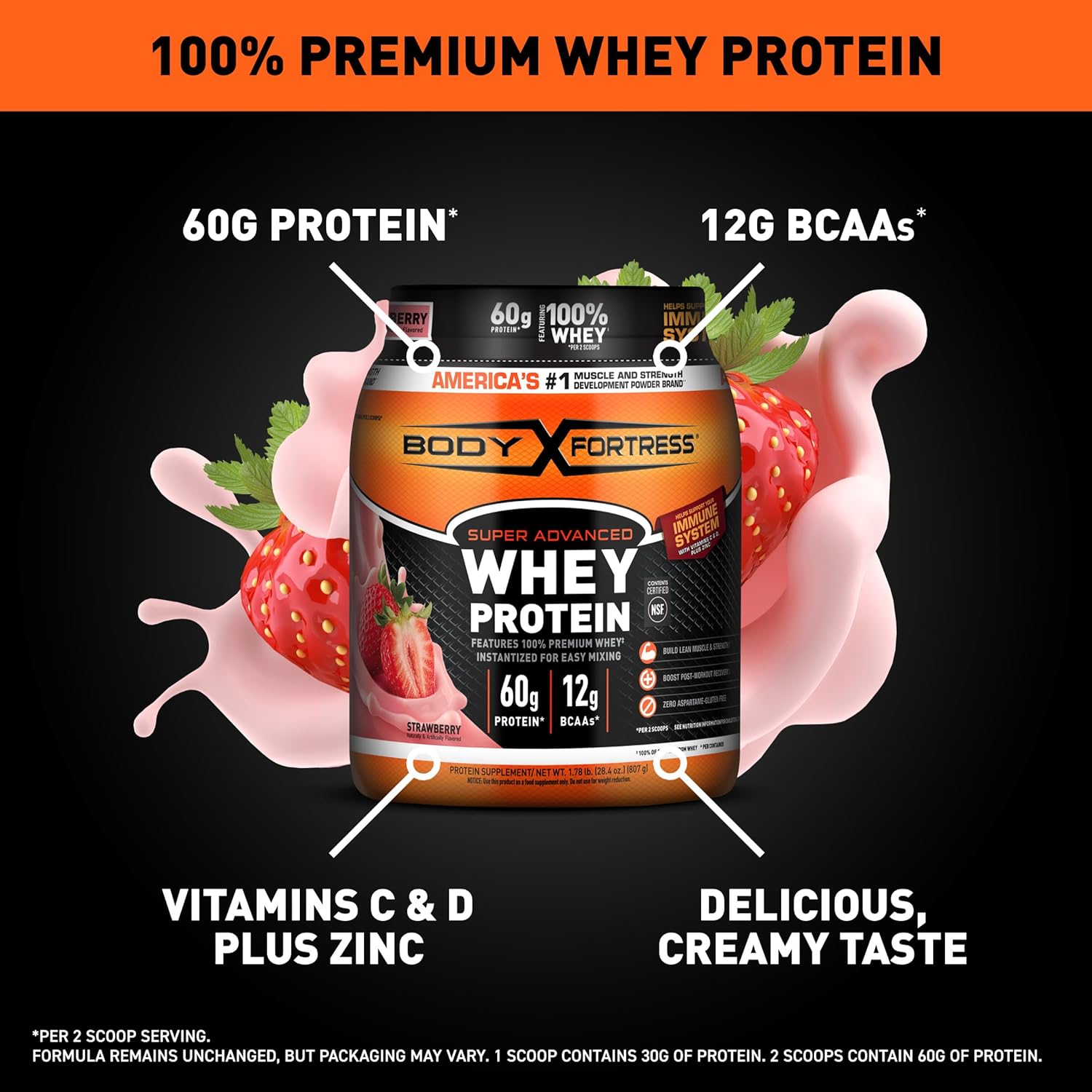 Whey Protein Powder, Strawberry, 60g Protein, 12g BCAAs Per 2 Scoops, Creatine Monohydrate Micronized Powder 500G, 5000mg Per Serv (5g), 100 Servings A180887