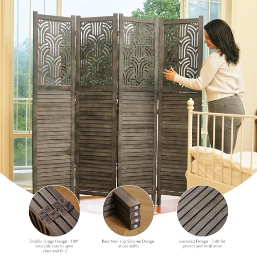 4 Panel Gray Wood Carved Folding Room Divider U138