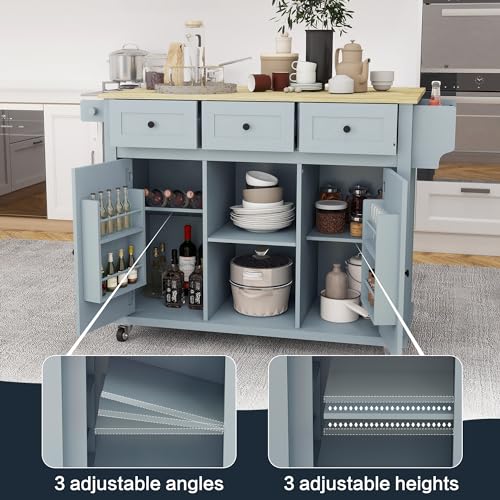Grey Blue Rolling Kitchen Island with Storage Cabinet and 3 Drawers L4512