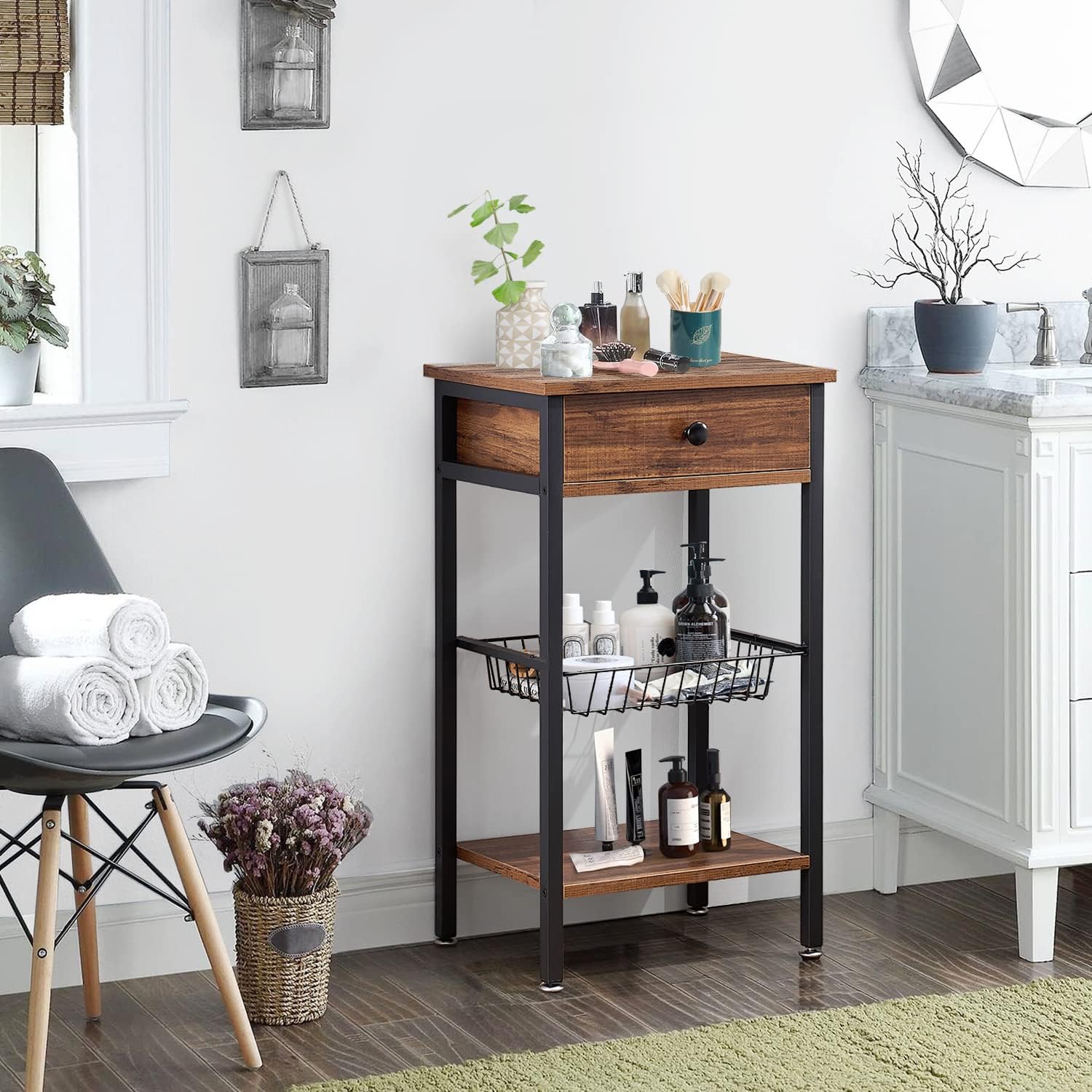 Brown Tall Side Table with Basket P80039